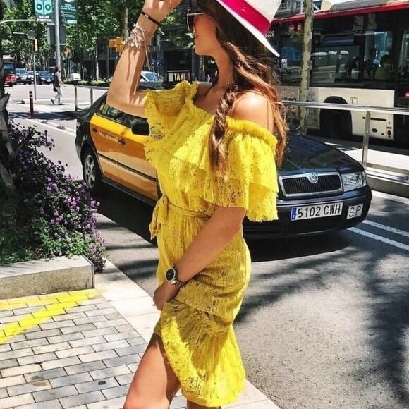 Zara Yellow Off The Shoulders Lace Dress- Size Small - Picture 6 of 16